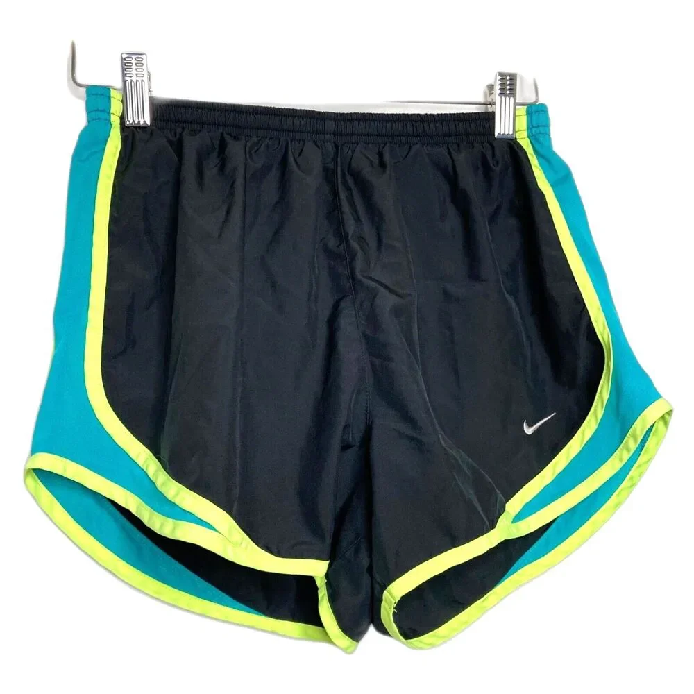 Nike Womens Dri-Fit Black Green Yellow Running Shorts Size Medium